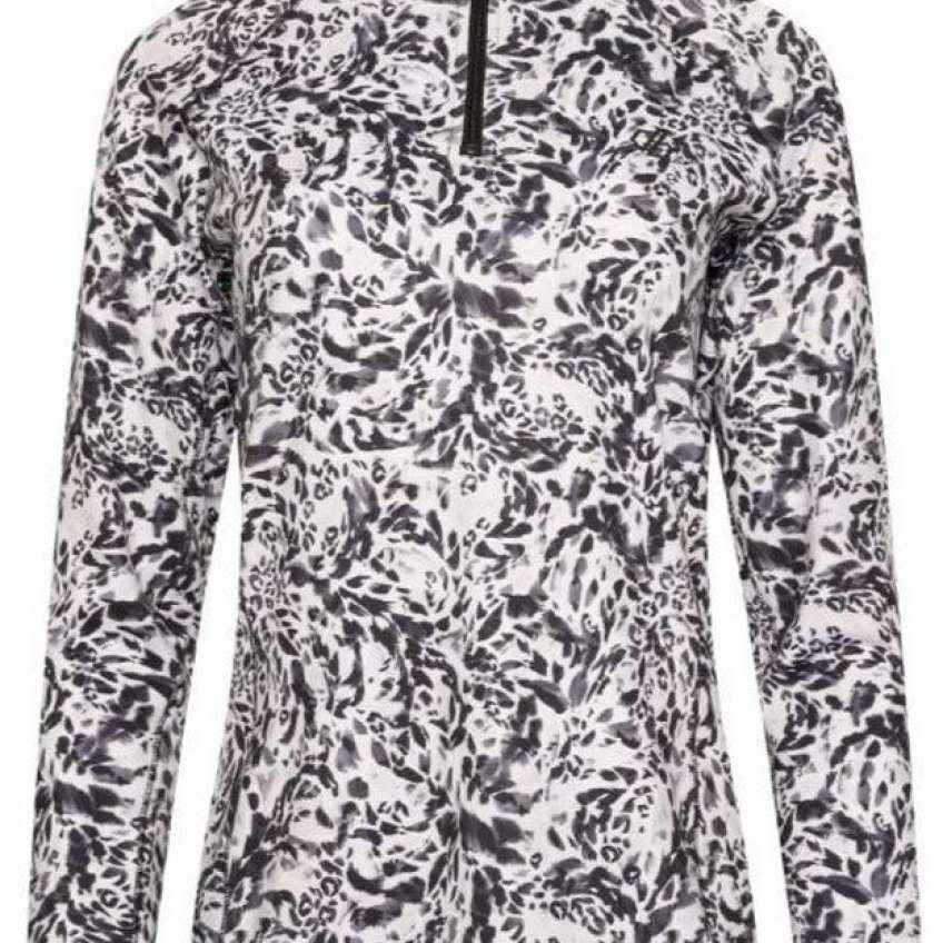 Dare2B Ladies Divulge Core Stretch Top 2024 - A white top with a black floral pattern and a high collar.
