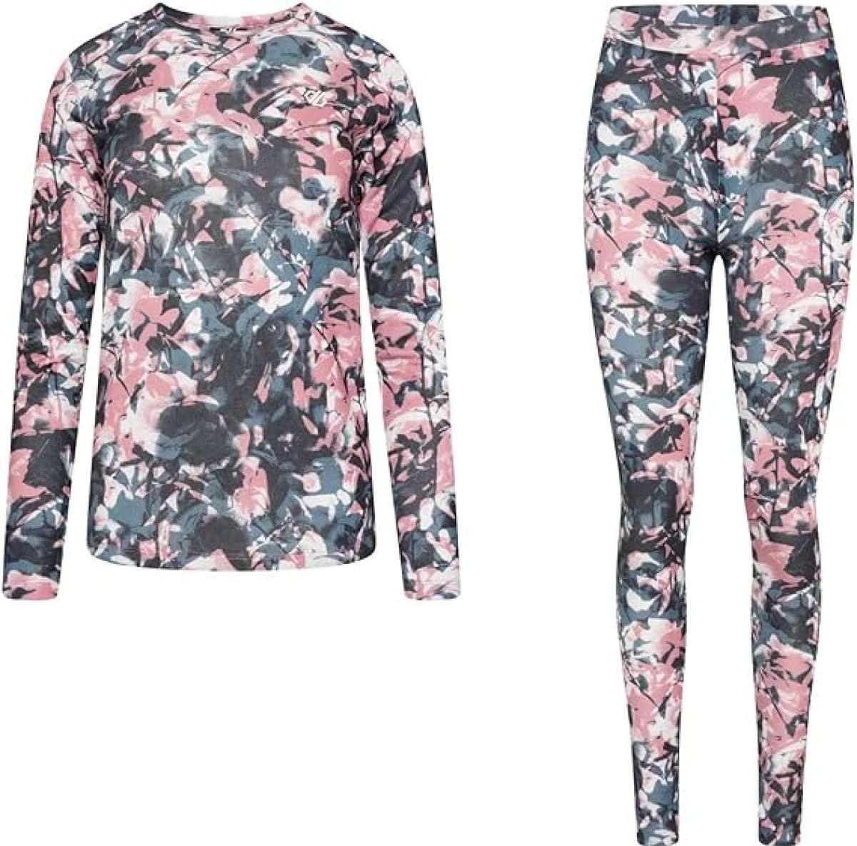 Dare2B Women's Exchange II Base Layer Set 2024 - A pink, grey and white abstract patterned base layer set with a crew neck top and leggings.