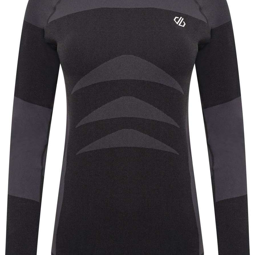 Dare2B Ladies In The Zone Long Sleeve Top 2024 - A black long-sleeved top with a crew neck and horizontal stripes on the front.