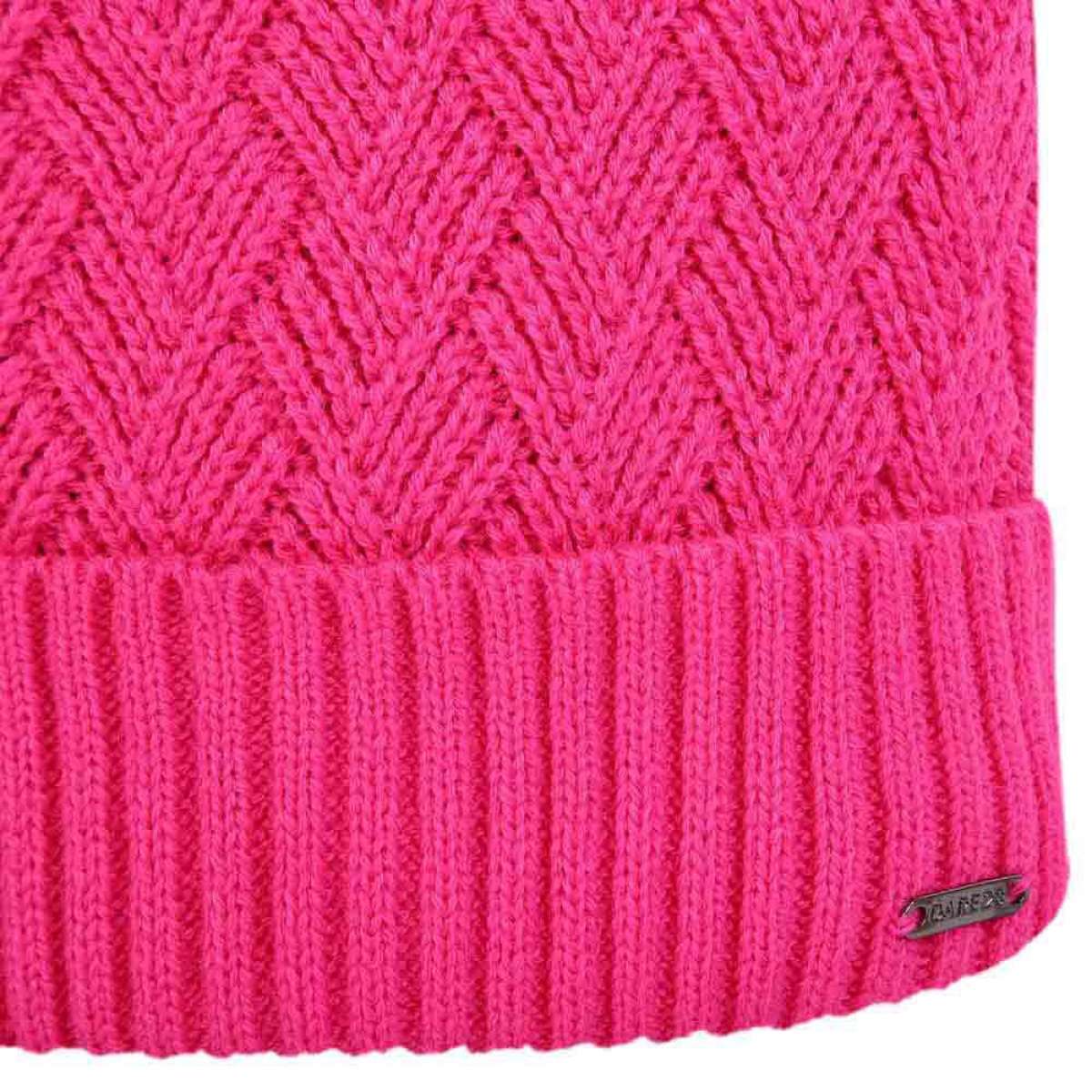 Dare2B Ladies Likeness Beanie 2024 - A pink beanie with a chevron pattern on top and ribbed cuff at bottom.
