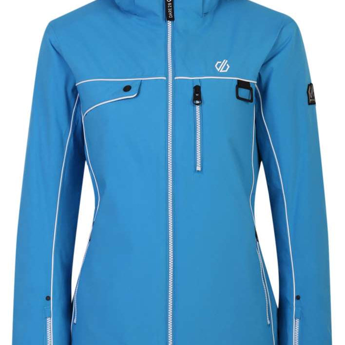 Dare2B Women's Line Insulated Jacket 2024 - A blue jacket with a hood, featuring white stitching and black zippers.