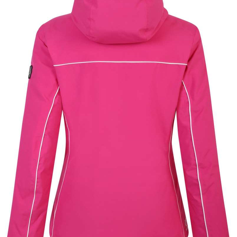 Dare2B Women's Line Insulated Jacket 2024 - A bright pink jacket with white stitching and a hood, featuring a black zipper on the left side of the chest.