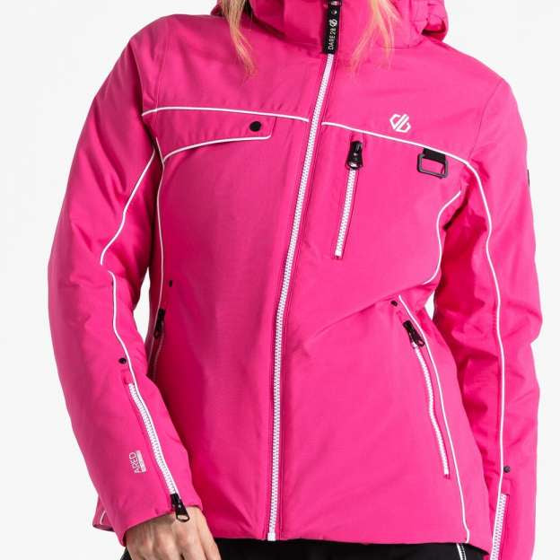 Dare2B Women's Line Insulated Jacket 2024 - A bright pink jacket with a white zipper and black accents on the shoulders.