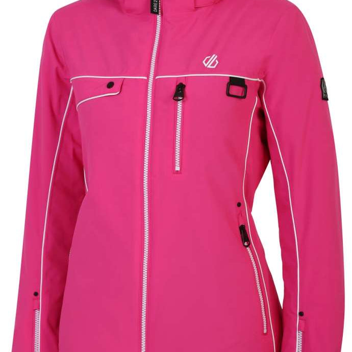 Dare2B Women's Line Insulated Jacket 2024 - A bright pink jacket with a hood, featuring white stitching and black zippers.