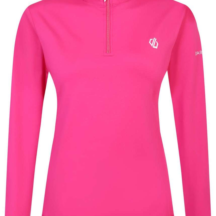 Dare2B Ladies Lowline II Stretch Top 2024 - A bright pink top with a high collar and zip closure at the neck.