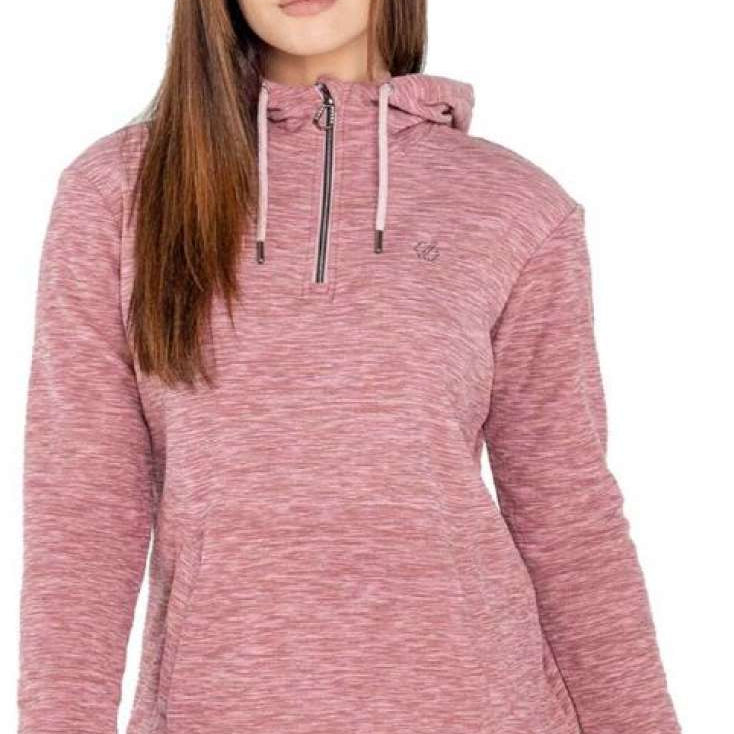 Dare2B Ladies Obsessed Fleece Top 2024 - A heathered pink top with a zippered neckline and drawstring hood.