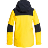 DC Women's Sovereign Insulated Jacket 2021 - A bright yellow jacket with a black stripe across the chest and two black stripes on each sleeve.