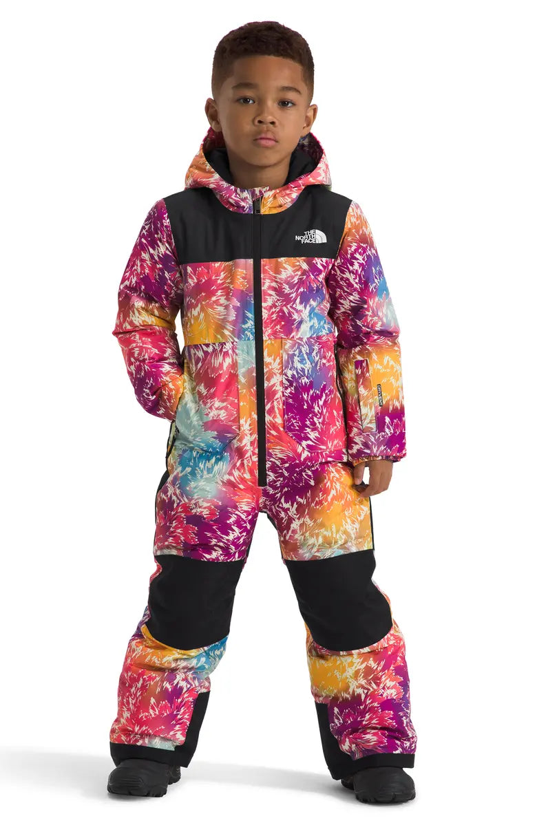 North Face Junior's Freedom Insulated Snow Suit 2025 - A multicolored snowsuit with a black stripe across the chest and a white logo on the left side of the chest.