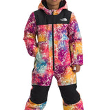 North Face Junior's Freedom Insulated Snow Suit 2025 - A multicolored snowsuit with a black stripe across the chest and a white logo on the left side of the chest.