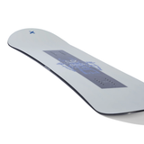 Arbor Metal Machine Decon Snowboard 2026 - A white snowboard with a blue logo on top and a gray rectangle in the middle featuring a blue design.