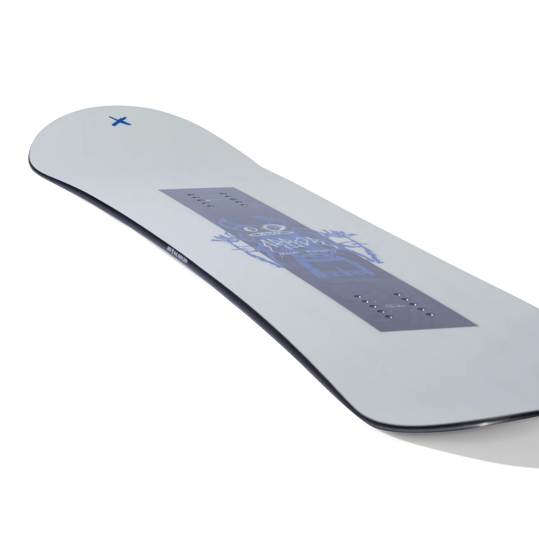 Arbor Metal Machine Decon Snowboard 2026 - A white snowboard with a blue logo on top and a gray rectangle in the middle featuring a blue design.