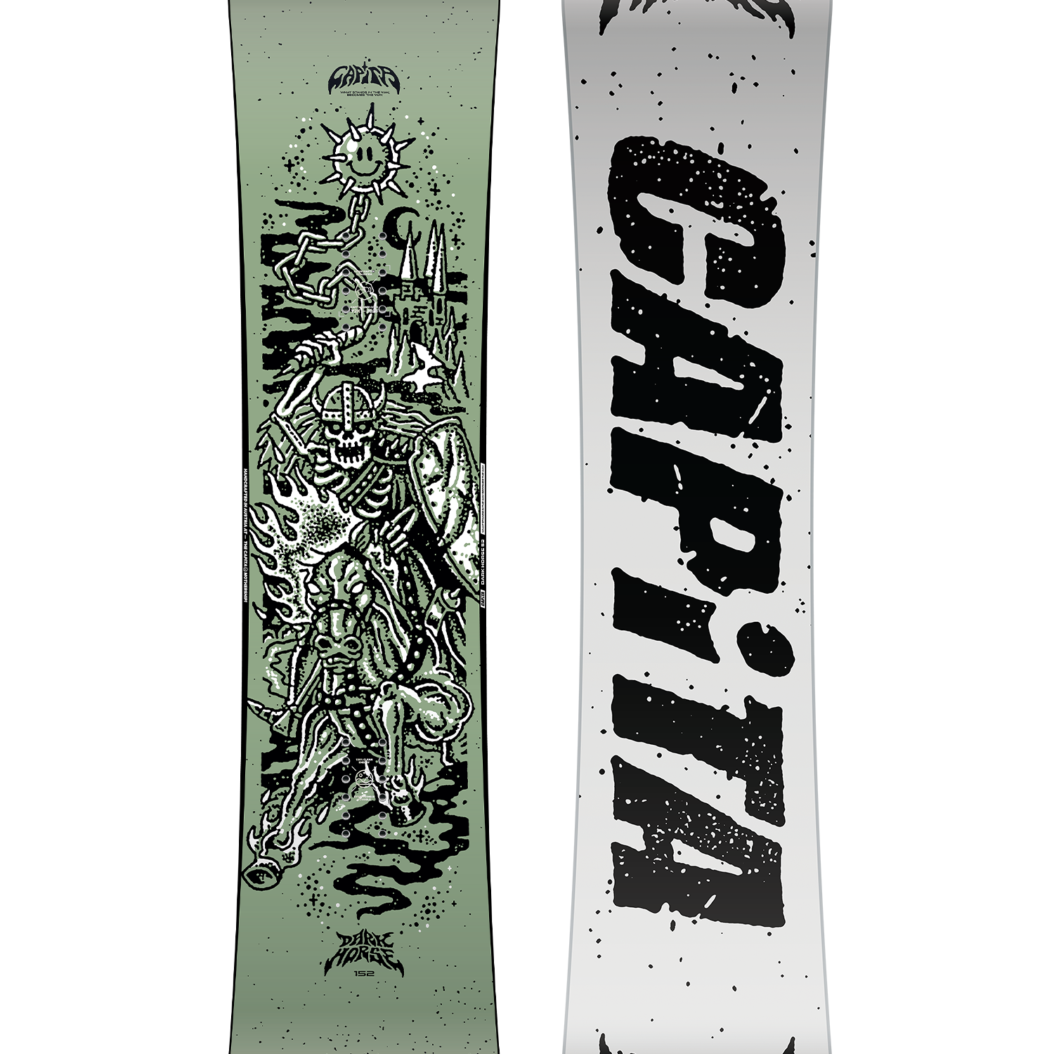 CAPITA - Dark Horse Snowboard 2026 is shown in a light green color with a black and white graphic of a skeleton riding a horse on top of a mountain range.