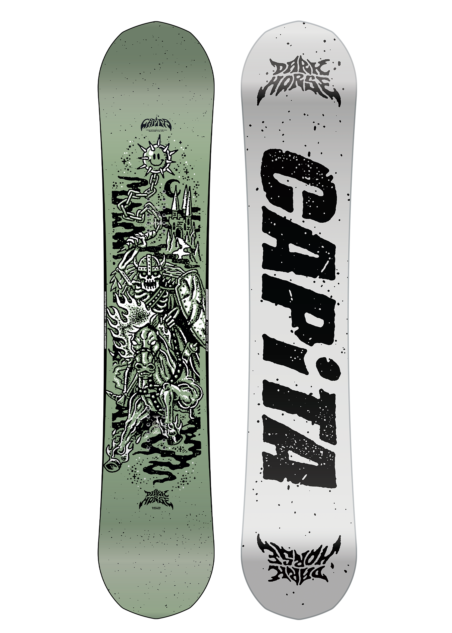 CAPITA - Dark Horse Snowboard 2026 is shown in a light green color with a black and white graphic of a skeleton riding a horse on top of a mountain range.