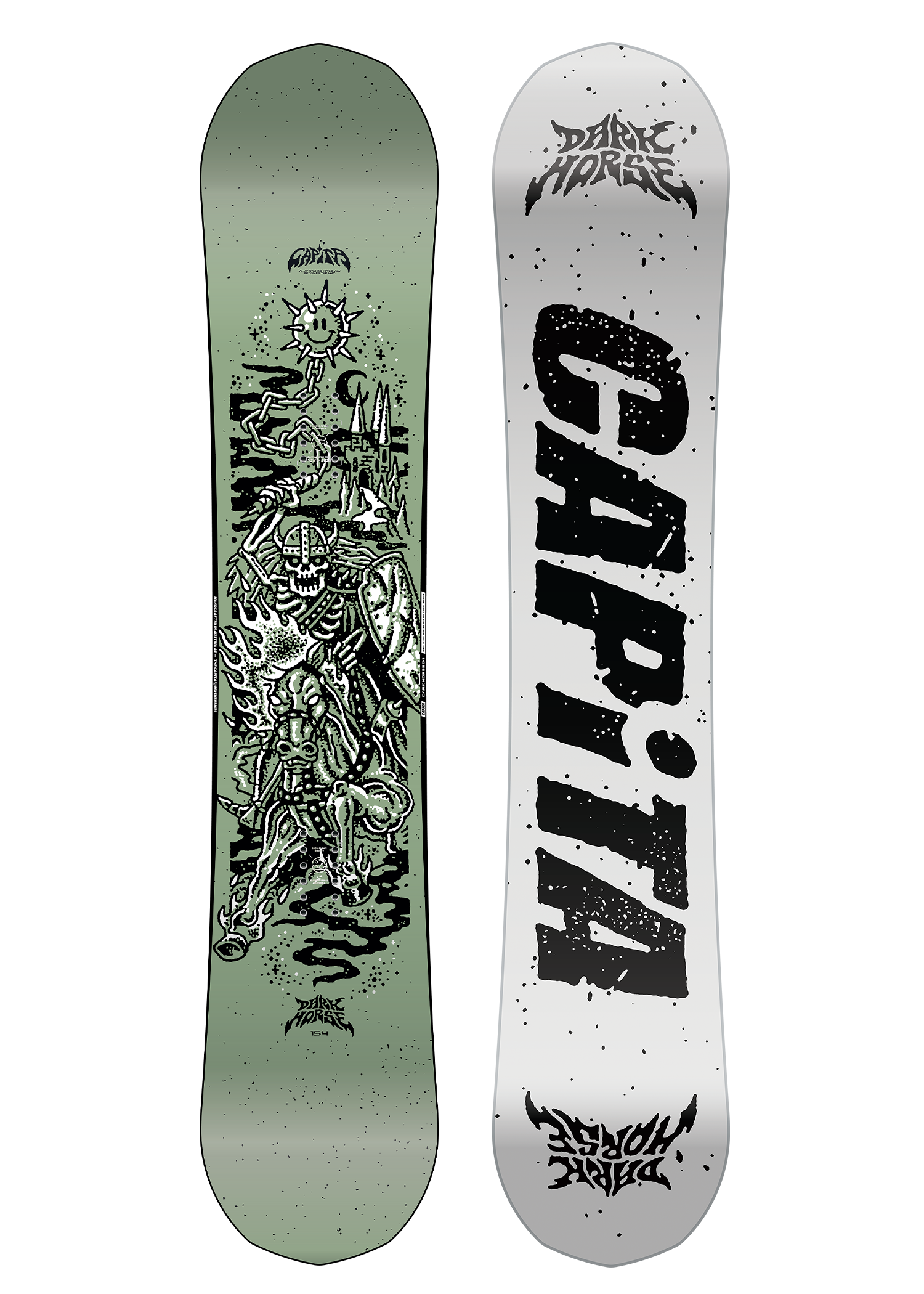 CAPITA - Dark Horse Snowboard 2026 is shown in a light green color with a black and white graphic of a skeleton riding a horse on top of a mountain range.