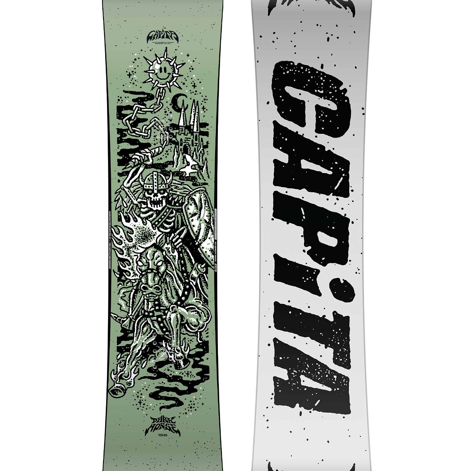 CAPITA - Dark Horse Snowboard 2026 is shown in a light green color with a black and white graphic of a skeleton riding a horse on top of a mountain range.