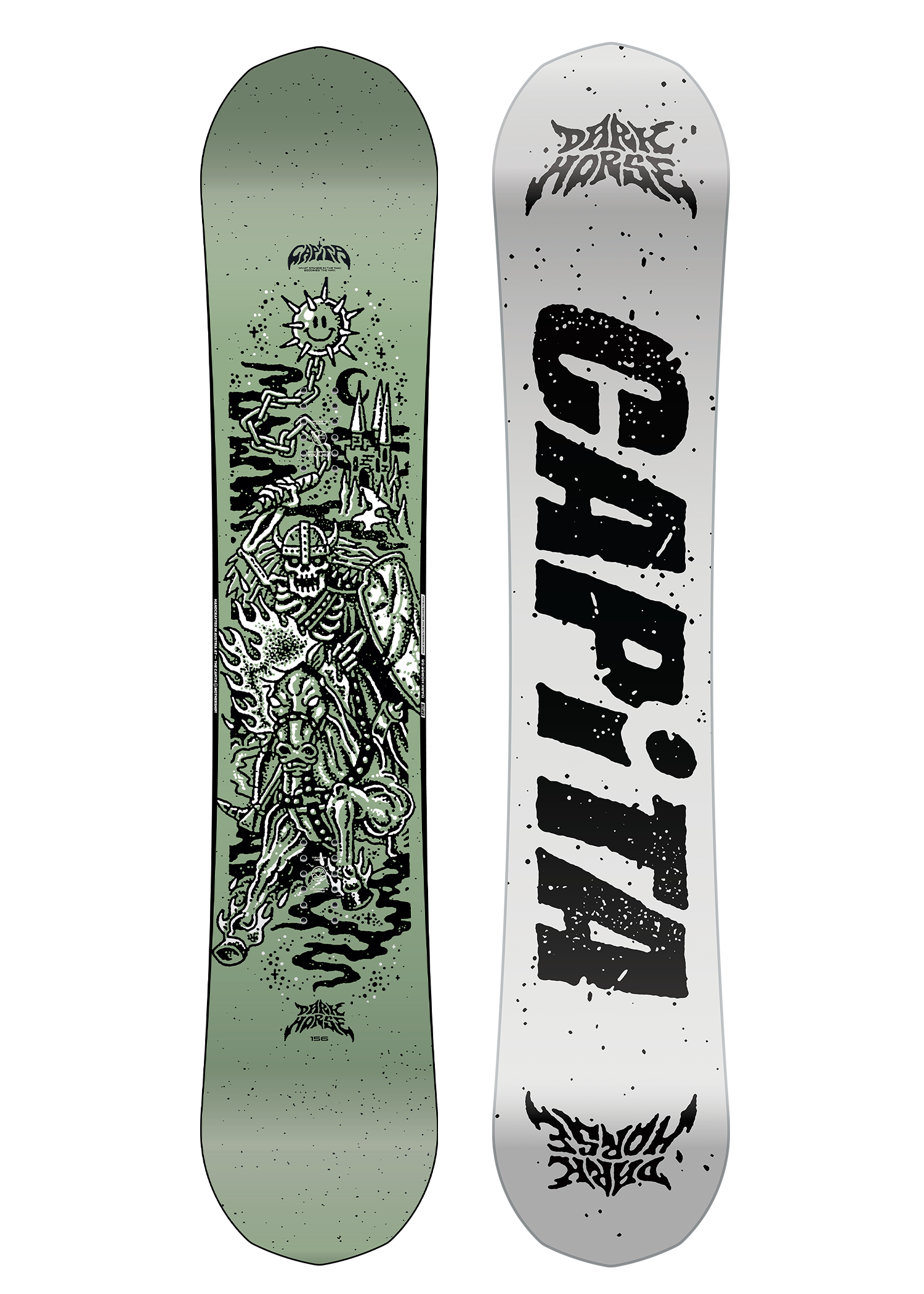 CAPITA - Dark Horse Snowboard 2026 is shown in a light green color with a black and white graphic of a skeleton riding a horse on top of a mountain range.