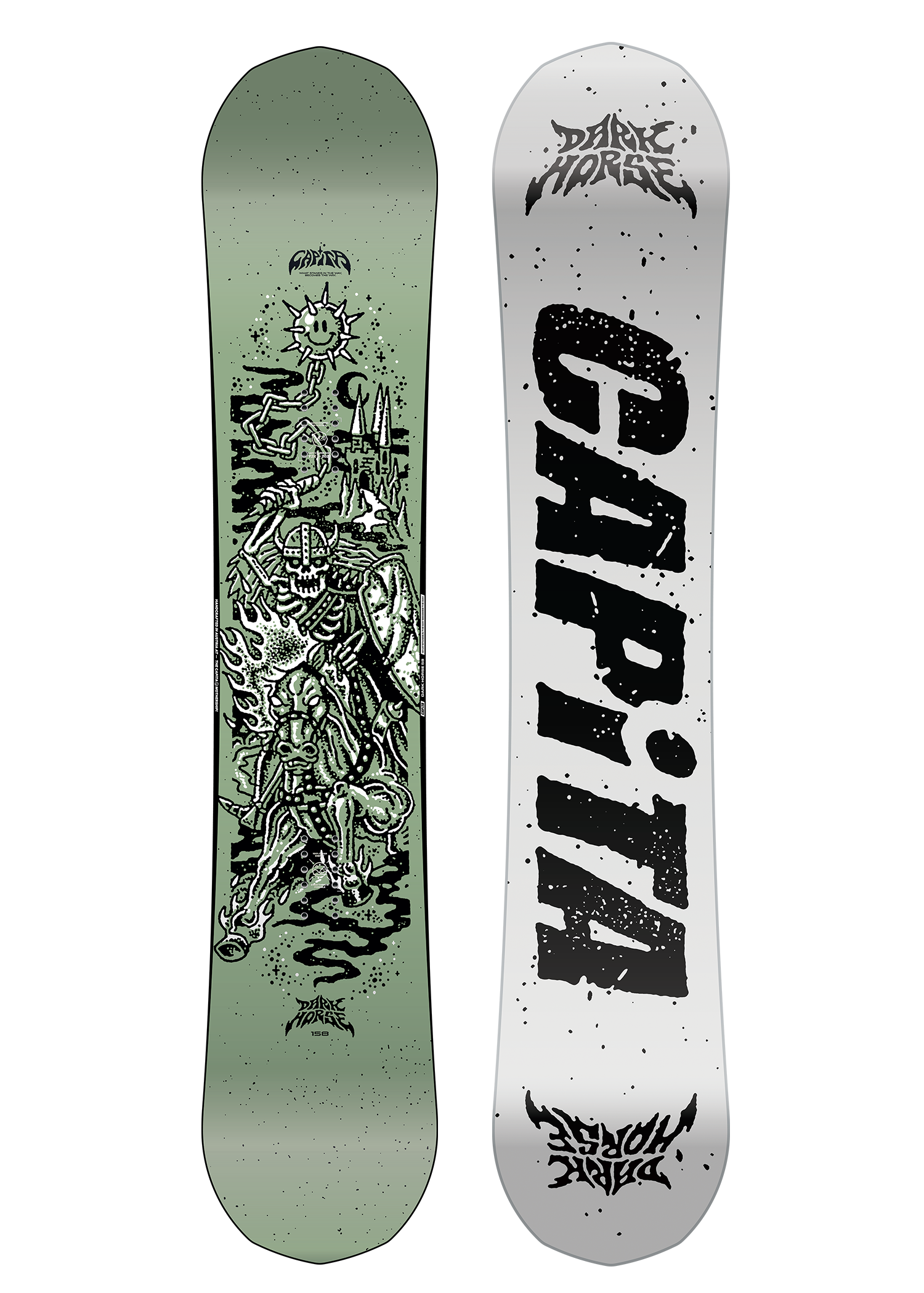 CAPITA - Dark Horse Snowboard 2026 is shown in a light green color with a black and white graphic of a skeleton riding a horse on top of a mountain range.