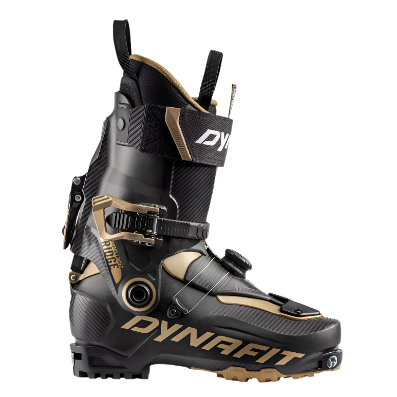 Dynafit Ridge Pro 120 Alpine Touring Boot 2025 - Black boot with gold accents and a carbon fiber pattern on the side.