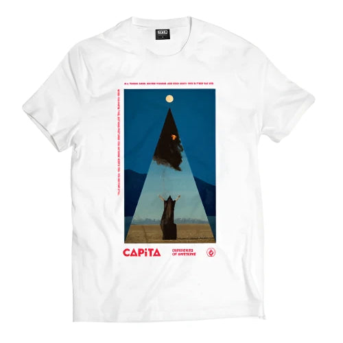 CAPiTA - A white short-sleeve t-shirt with a large, centered graphic of a skier in front of a mountainous landscape.