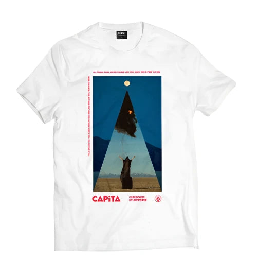 CAPiTA - A white short-sleeve t-shirt with a large, centered graphic of a skier in front of a mountainous landscape.