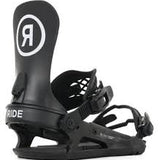 Ride C-2 Snowboard Bindings 2025 - A black snowboard binding with a white logo featuring a stylized "R" in a circle, positioned on top of the heel cup.