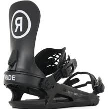 Ride C-2 Snowboard Bindings 2025 - A black snowboard binding with a white logo featuring a stylized "R" in a circle, positioned on top of the heel cup.