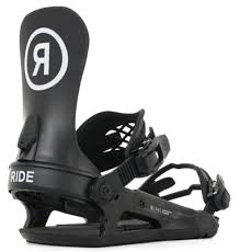 Ride C-2 Snowboard Bindings 2025 - A black snowboard binding with a white logo featuring a stylized "R" in a circle, positioned on top of the heel cup.