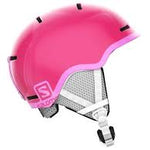 Salomon Junior Gom RTL Helmet 2022 - A pink helmet with a white logo on the side and black straps.