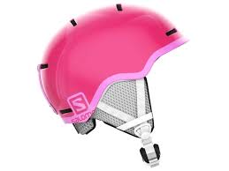Salomon Junior Gom RTL Helmet 2022 - A pink helmet with a white logo on the side and black straps.