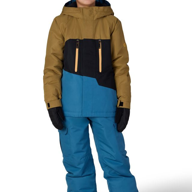 Boys insulated cargo snow pants in blue with side cargo pockets and padded cuffs