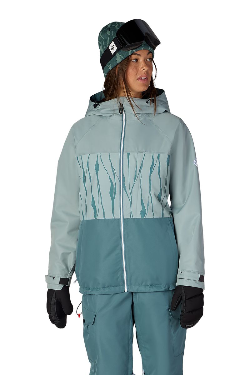 Women's insulated ski jacket, teal with gathered chest panel, full-zip hood and gloves
