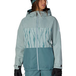 Women's insulated ski jacket, teal with gathered chest panel, full-zip hood and gloves
