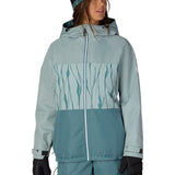 Women's insulated ski jacket, teal with gathered chest panel, full-zip hood and gloves