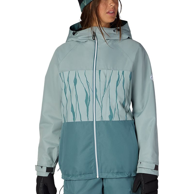 Women's insulated ski jacket, teal with gathered chest panel, full-zip hood and gloves