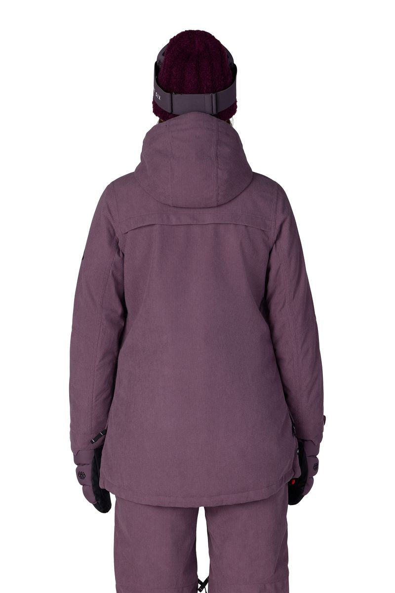 Women's plum insulated jacket back view with hood and full zipper