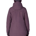 Women's plum insulated jacket back view with hood and full zipper