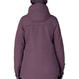 Women's plum insulated jacket back view with hood and full zipper