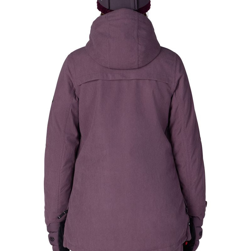 Women's plum insulated jacket back view with hood and full zipper