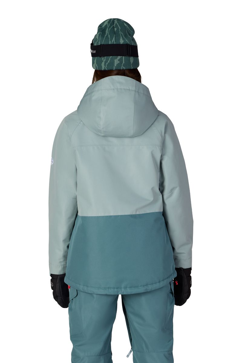 Women's insulated ski jacket, teal, hooded back view, full-zip