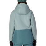 Women's insulated ski jacket, teal, hooded back view, full-zip