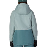 Women's insulated ski jacket, teal, hooded back view, full-zip