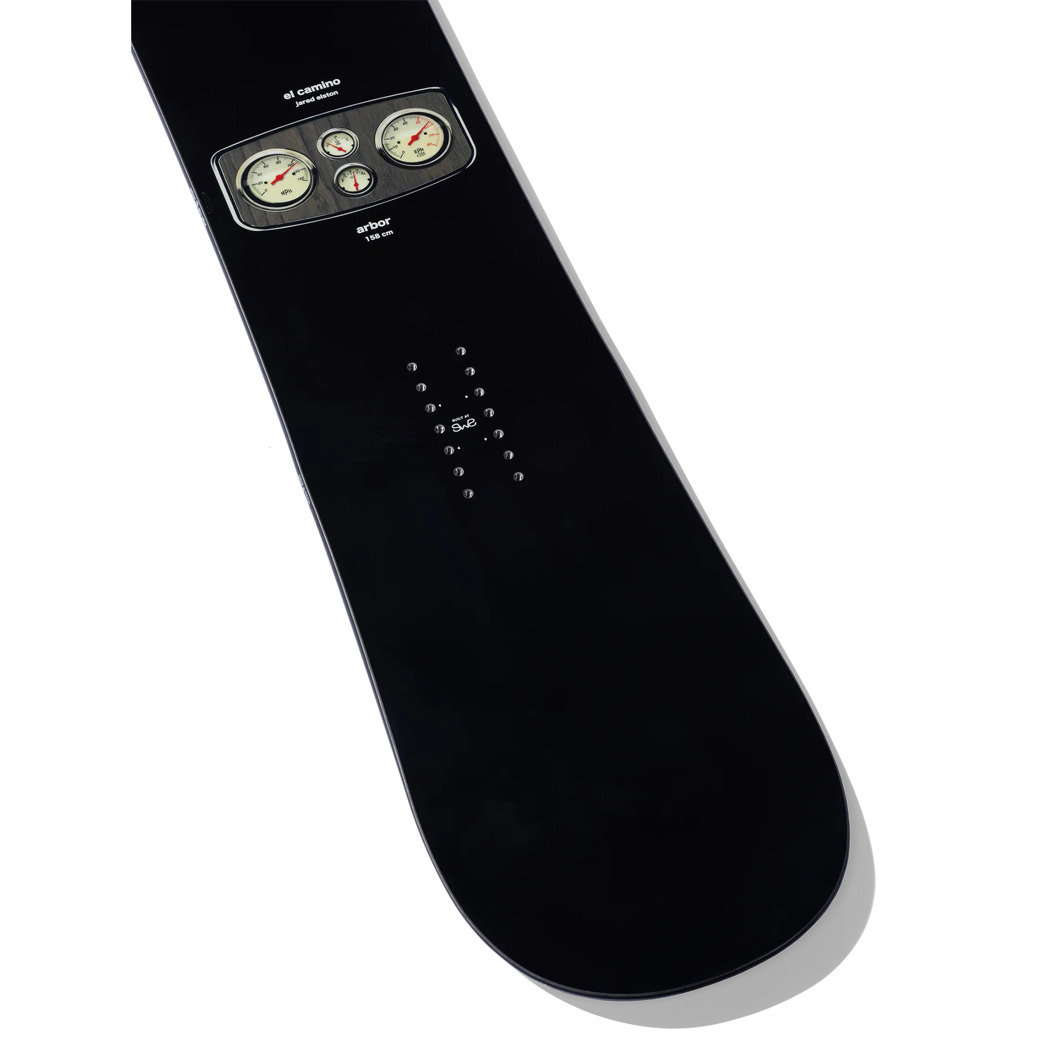 Arbor El Camino - Jared Elston Pro Snowboard 2026 - A black snowboard with a rectangular, rounded rectangle graphic at top center featuring three gauges in a grayish-brown frame.