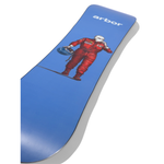 Arbor El Camino - Jared Elston Pro Snowboard 2026 - A blue snowboard with a white border, featuring an illustration of a man in a red snowsuit and helmet on the top.
