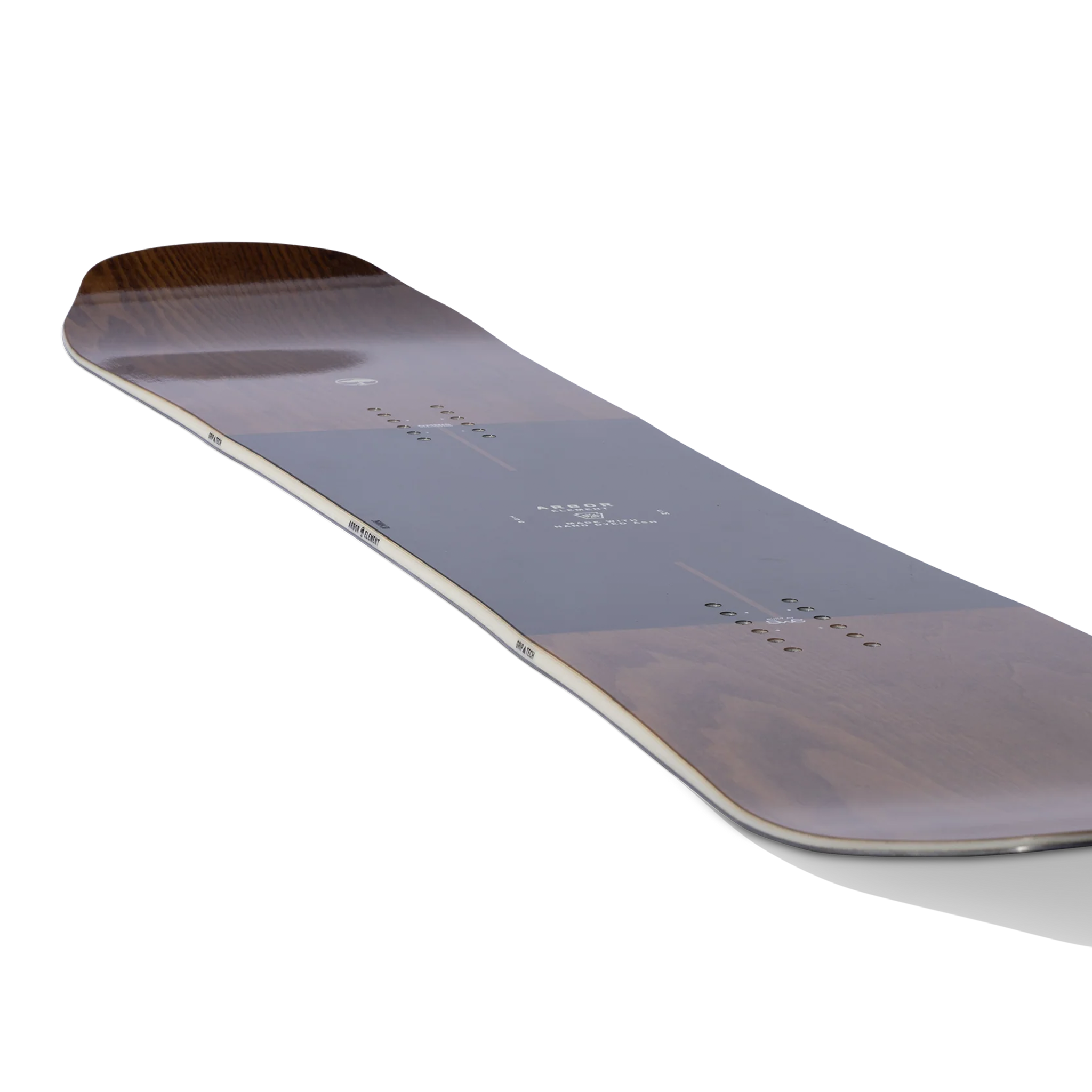 Arbor Element Snowboard 2026 - A brown snowboard with a white logo on top and black writing along the bottom edge.