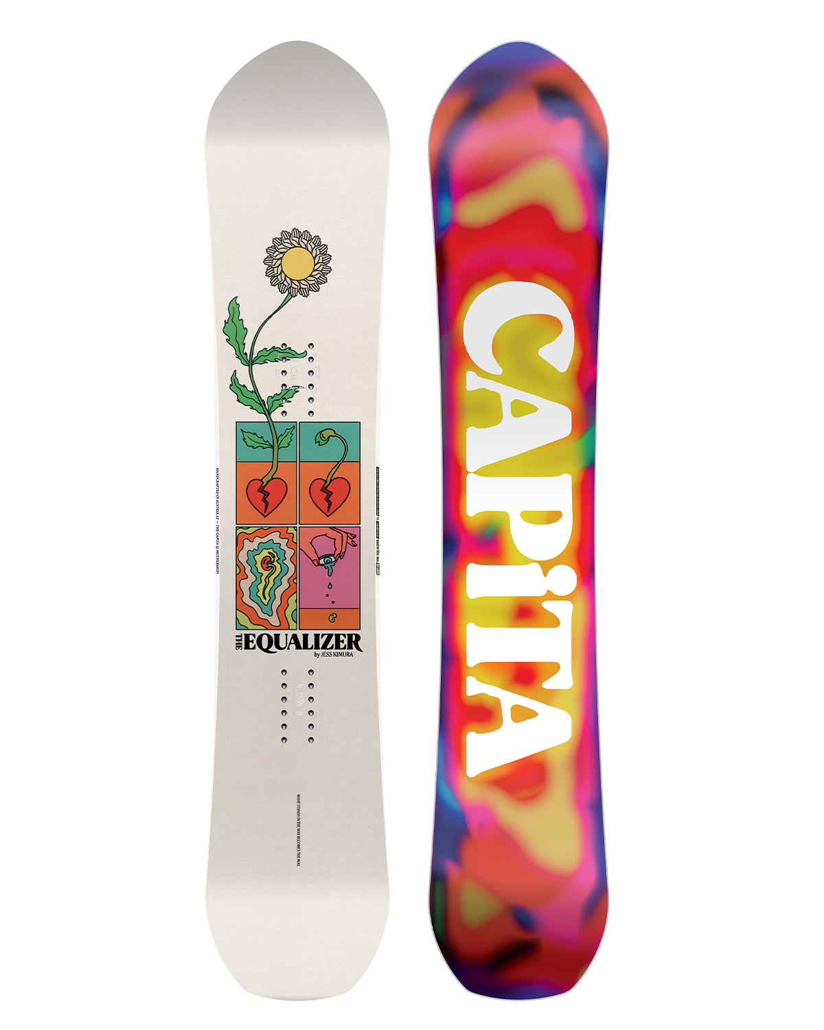 CAPiTA Women's The Equalizer Snowboard 2026 - A snowboard with a colorful, abstract design featuring pink, blue, yellow and green swirls on a white background.