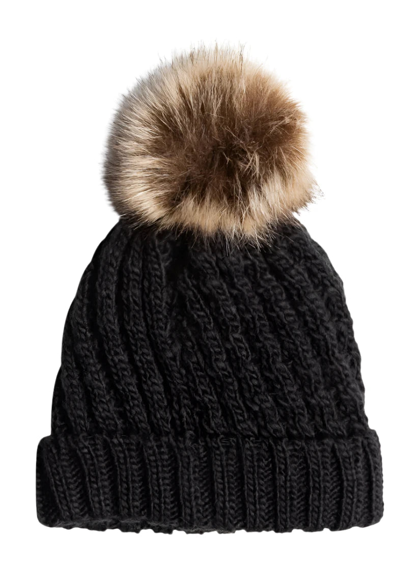 Roxy Junior's Blizzard Beanie 2025 - Black beanie with a large, fluffy tan-colored faux fur pom-pom on top.