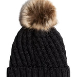 Roxy Junior's Blizzard Beanie 2025 - Black beanie with a large, fluffy tan-colored faux fur pom-pom on top.