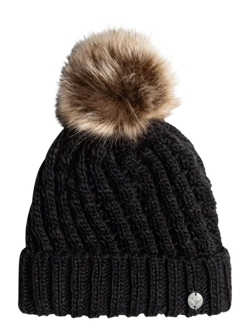 Roxy Junior's Blizzard Beanie 2025 - A black beanie with a large, fluffy brown pom-pom on top.