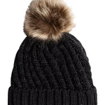 Roxy Junior's Blizzard Beanie 2025 - A black beanie with a large, fluffy brown pom-pom on top.
