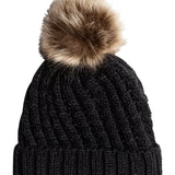 Roxy Junior's Blizzard Beanie 2025 - A black beanie with a large, fluffy brown pom-pom on top.